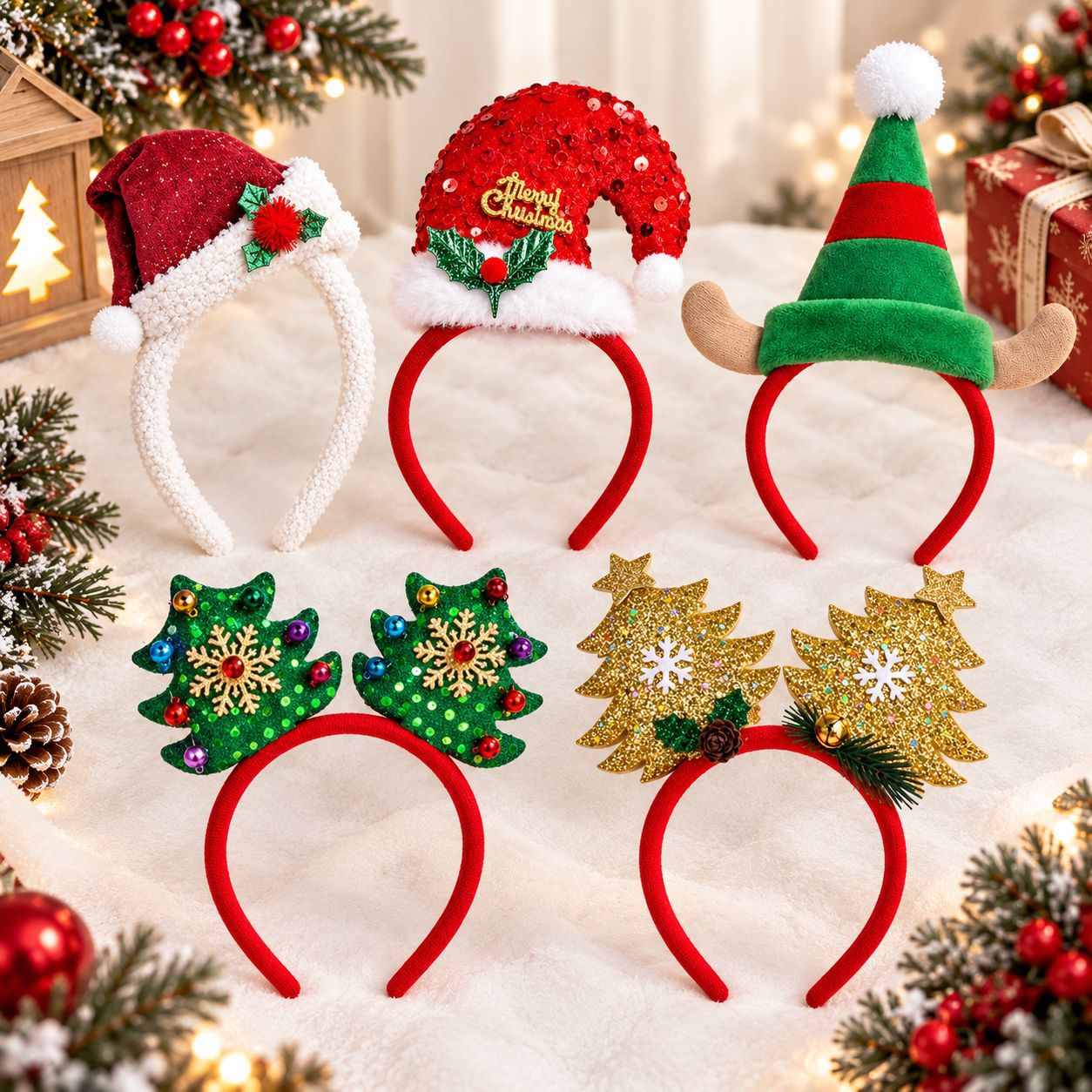 Reindeer Antlers Headband - Рождественский ободок с шапкой Санты, плюшевая